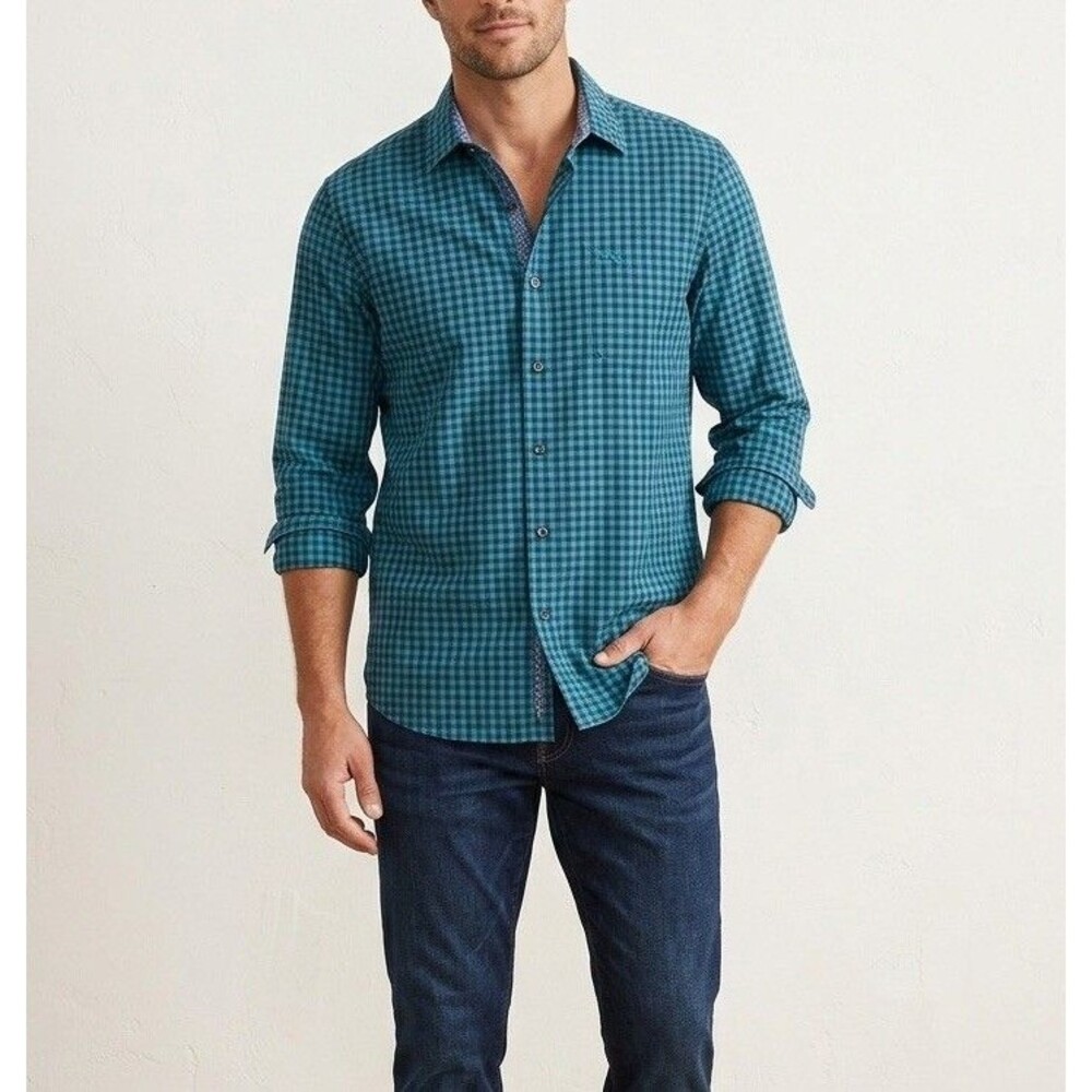 Tommy Bahama Casual Button Down Shirt Blue Plaid Checks Sz L Maid In Peru Cotton